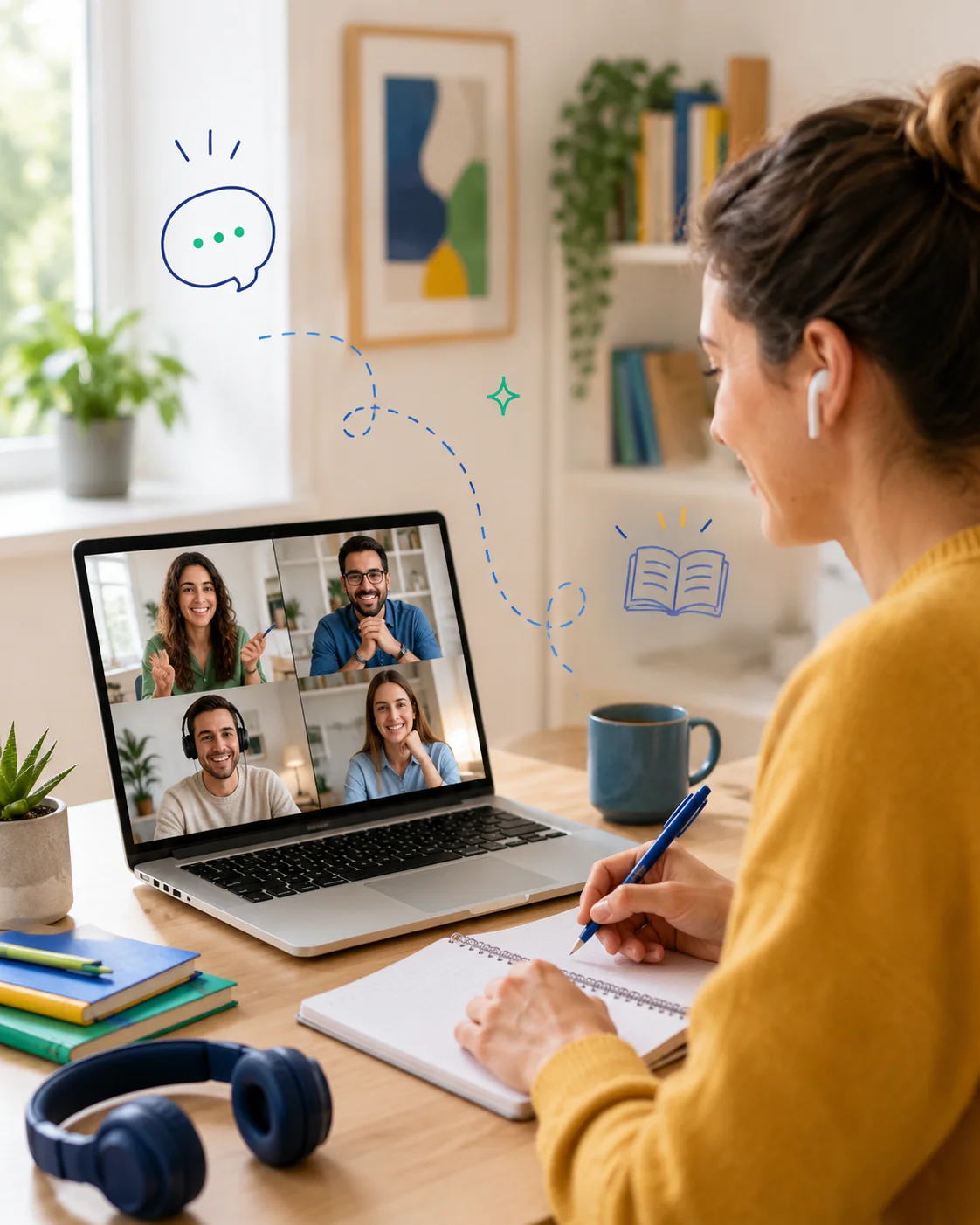 Volwassen cursist volgt een Spaanse groepsles online in een kleine groep
